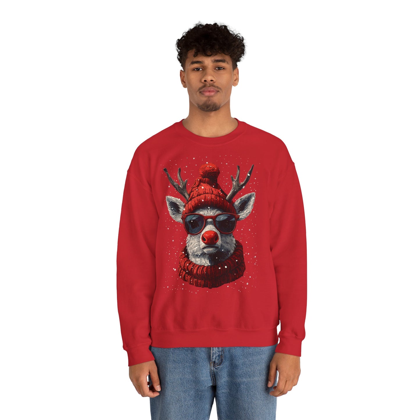 Rudolf Reindeer Sweatshirt — Red Hat & Glasses Holiday Crewneck