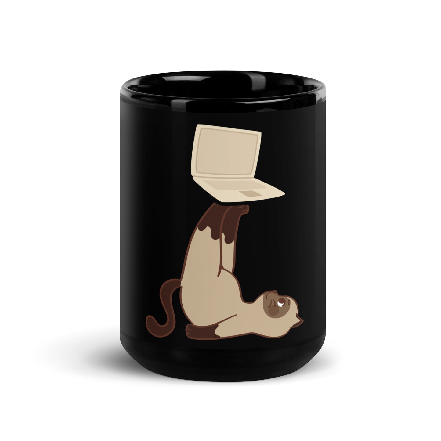 Black glossy mug cat with laptop