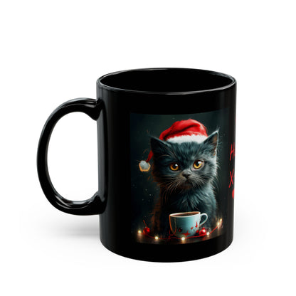 Cute Black X-Mas Kitten Design Black Mug (11oz, 15oz)