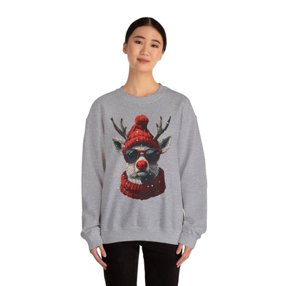 Rudolf Reindeer Sweatshirt — Red Hat & Glasses Holiday Crewneck