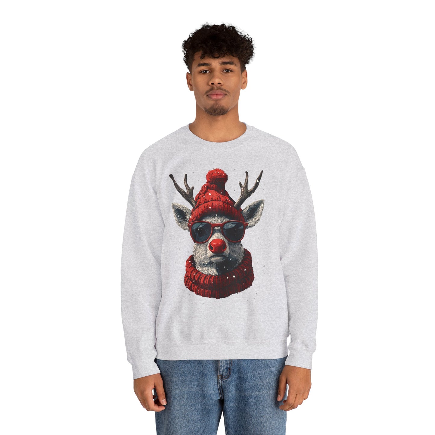 Rudolf Reindeer Sweatshirt — Red Hat & Glasses Holiday Crewneck