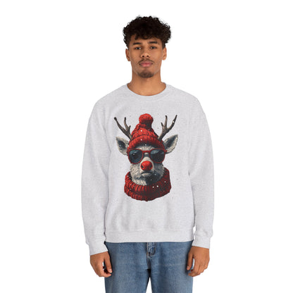 Rudolf Reindeer Sweatshirt — Red Hat & Glasses Holiday Crewneck