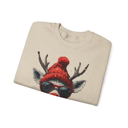 Rudolf Reindeer Sweatshirt — Red Hat & Glasses Holiday Crewneck