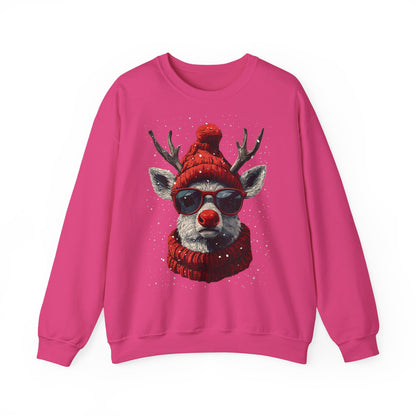 Rudolf Reindeer Sweatshirt — Red Hat & Glasses Holiday Crewneck