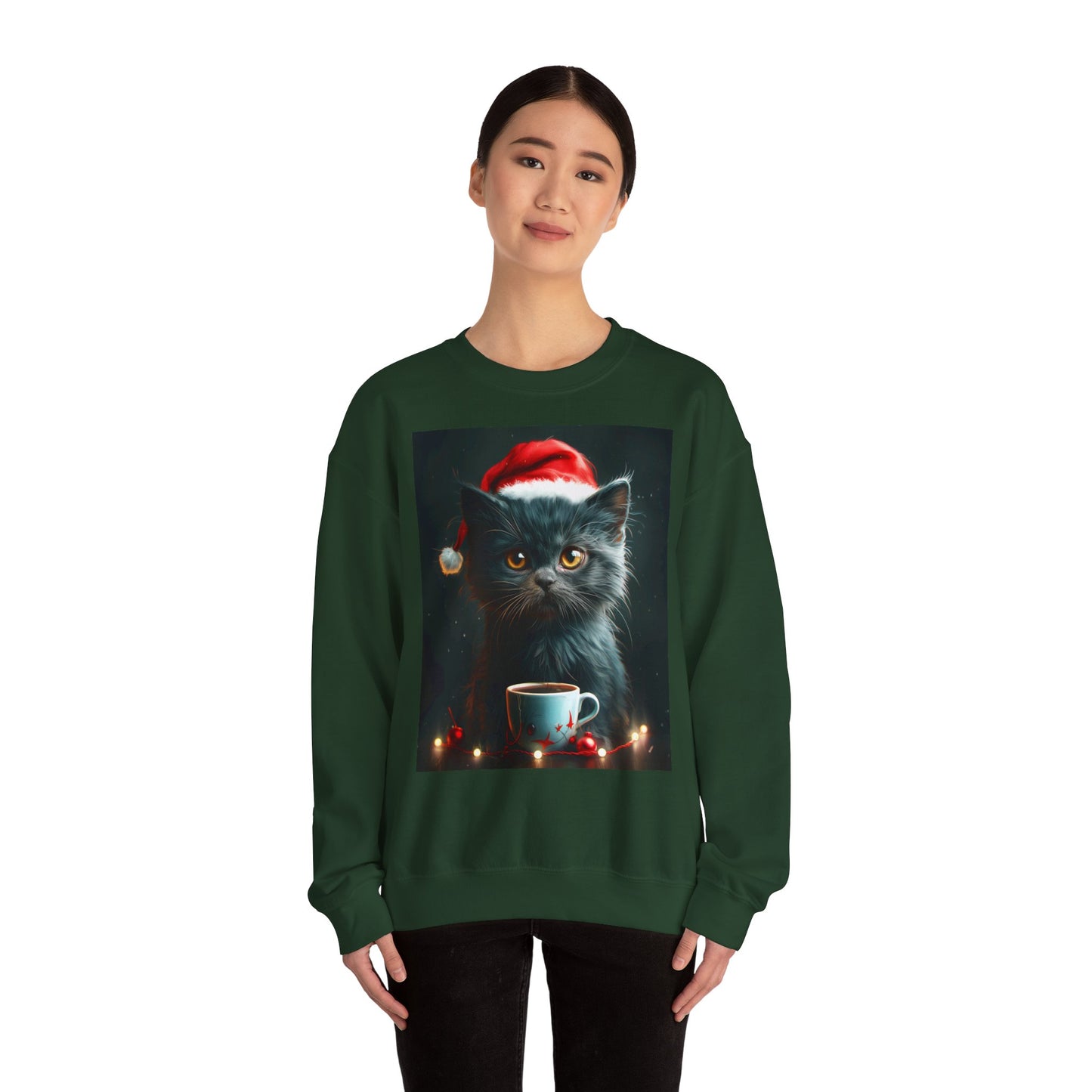 Cute Black X-Mas Kitten Design Crewneck Sweatshirt
