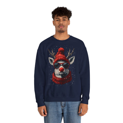 Rudolf Reindeer Sweatshirt — Red Hat & Glasses Holiday Crewneck