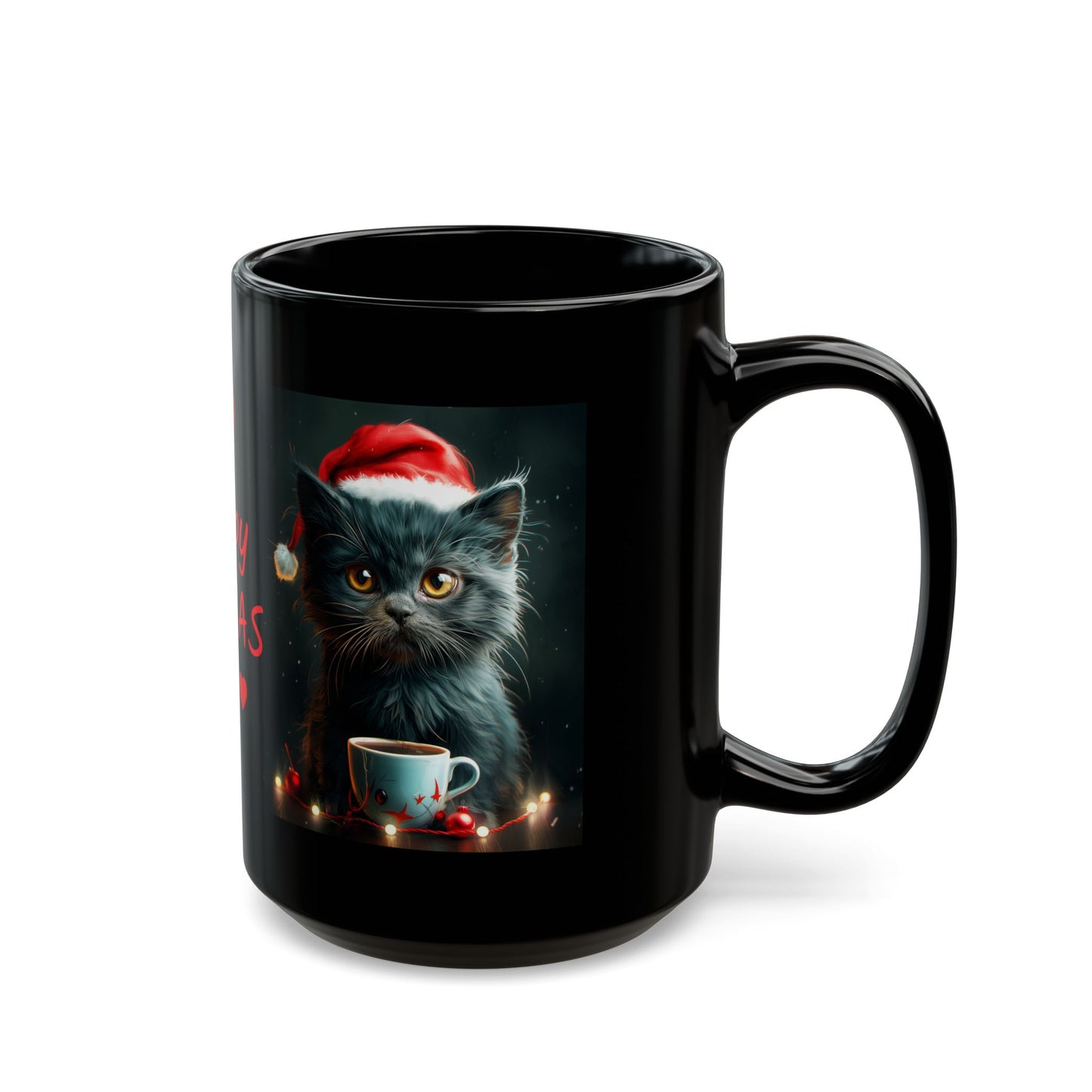Cute Black X-Mas Kitten Design Black Mug (11oz, 15oz)