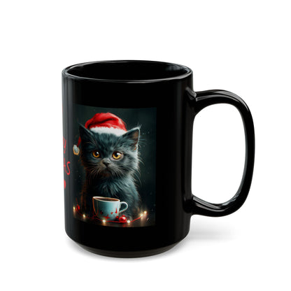 Cute Black X-Mas Kitten Design Black Mug (11oz, 15oz)