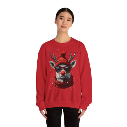 Rudolf Reindeer Sweatshirt — Red Hat & Glasses Holiday Crewneck
