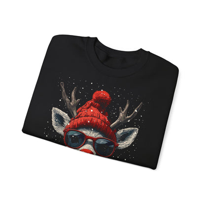 Rudolf Reindeer Sweatshirt — Red Hat & Glasses Holiday Crewneck
