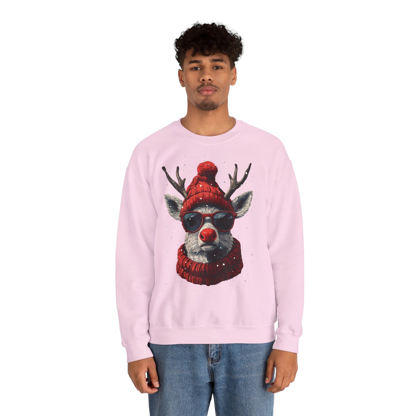 Rudolf Reindeer Sweatshirt — Red Hat & Glasses Holiday Crewneck