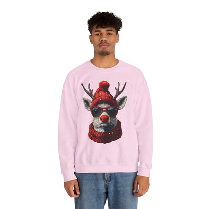 Rudolf Reindeer Sweatshirt — Red Hat & Glasses Holiday Crewneck