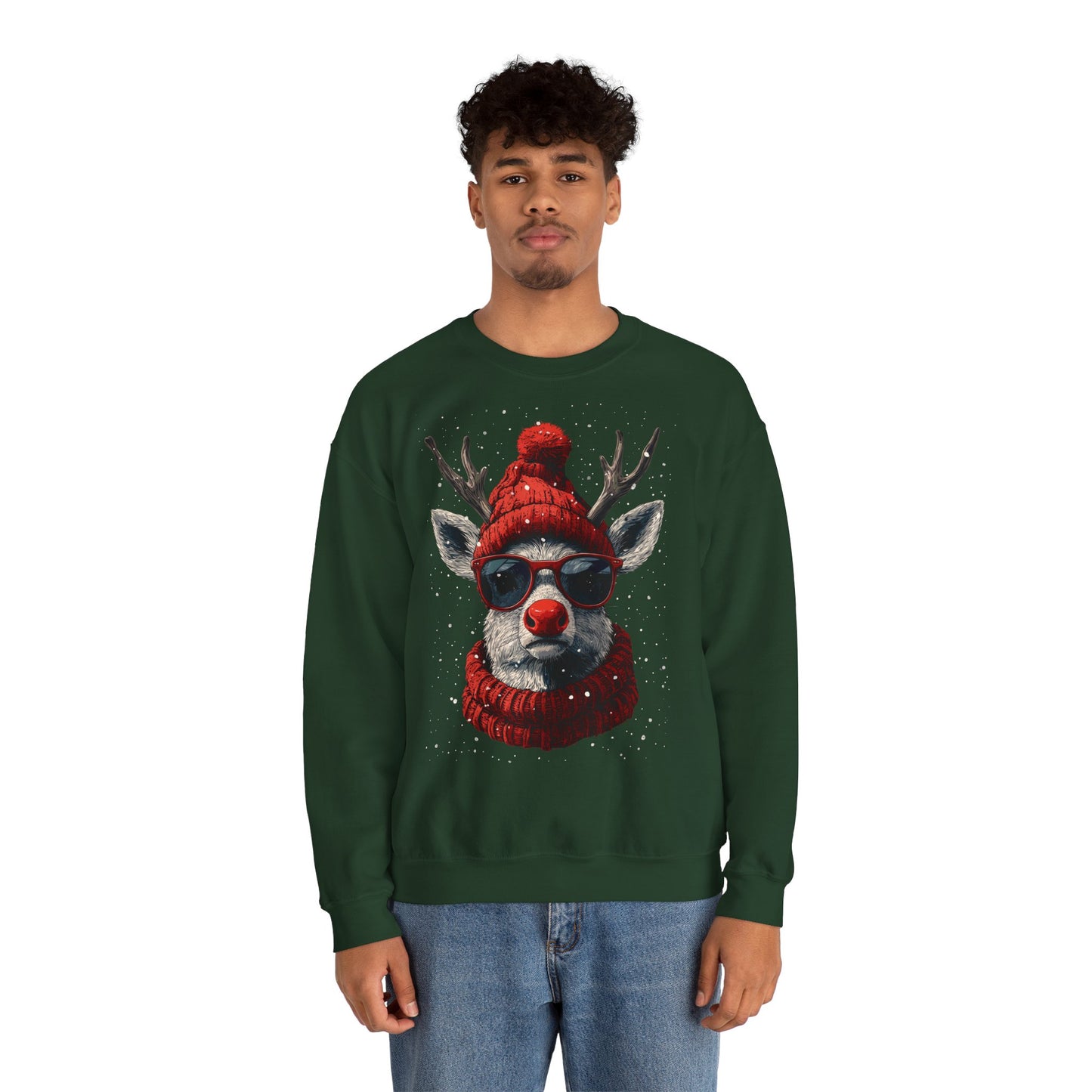 Rudolf Reindeer Sweatshirt — Red Hat & Glasses Holiday Crewneck