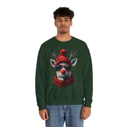Rudolf Reindeer Sweatshirt — Red Hat & Glasses Holiday Crewneck