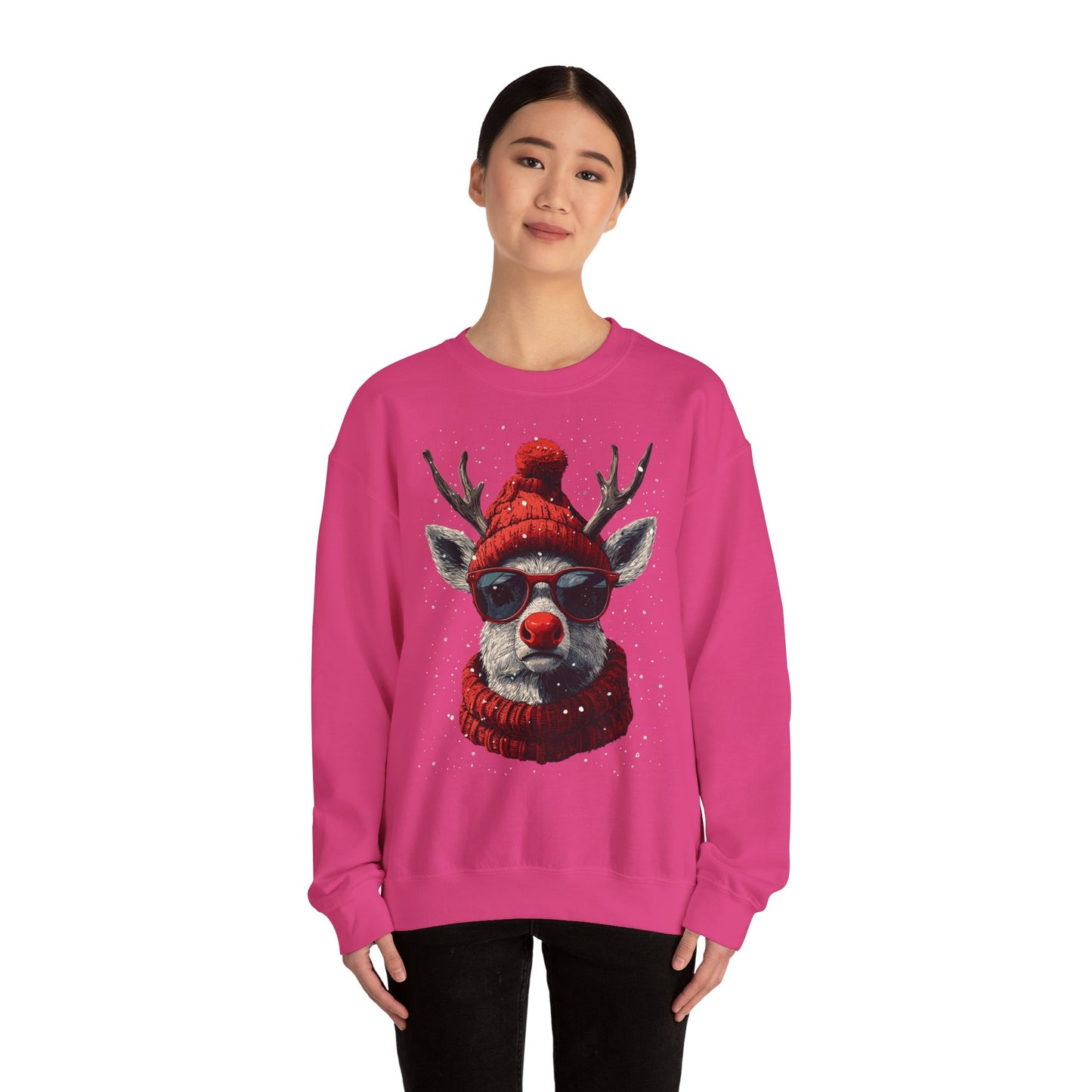 Rudolf Reindeer Sweatshirt — Red Hat & Glasses Holiday Crewneck