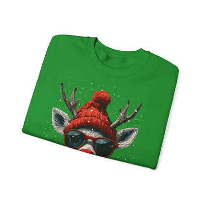 Rudolf Reindeer Sweatshirt — Red Hat & Glasses Holiday Crewneck