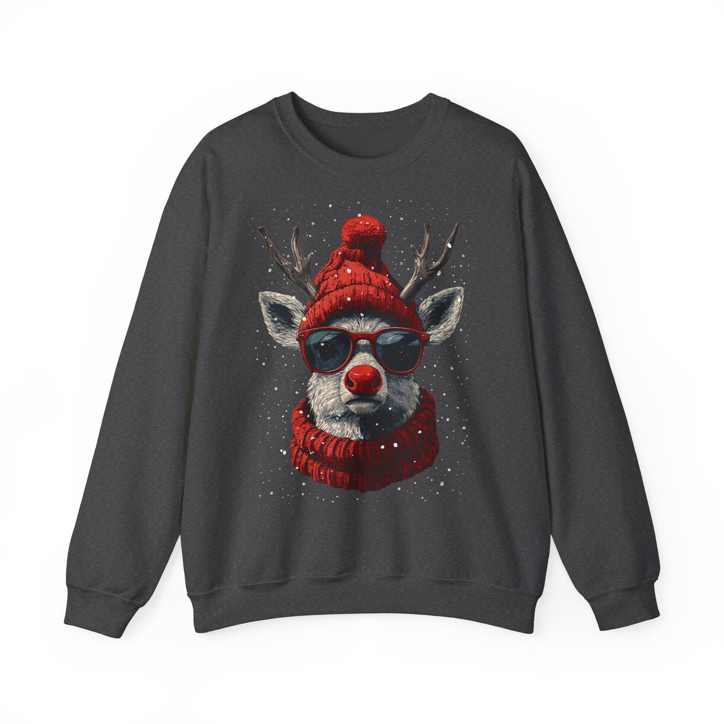 Rudolf Reindeer Sweatshirt — Red Hat & Glasses Holiday Crewneck