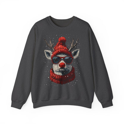 Rudolf Reindeer Sweatshirt — Red Hat & Glasses Holiday Crewneck