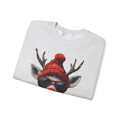 Rudolf Reindeer Sweatshirt — Red Hat & Glasses Holiday Crewneck