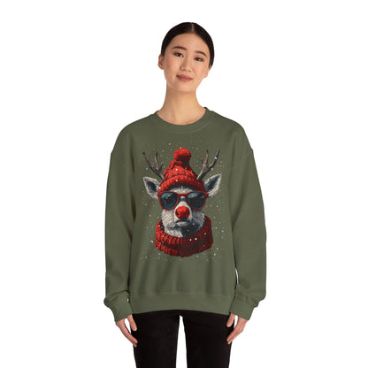 Rudolf Reindeer Sweatshirt — Red Hat & Glasses Holiday Crewneck