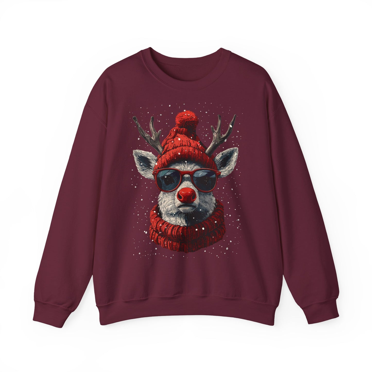 Rudolf Reindeer Sweatshirt — Red Hat & Glasses Holiday Crewneck