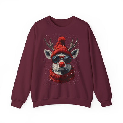 Rudolf Reindeer Sweatshirt — Red Hat & Glasses Holiday Crewneck