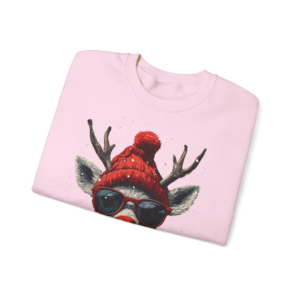 Rudolf Reindeer Sweatshirt — Red Hat & Glasses Holiday Crewneck