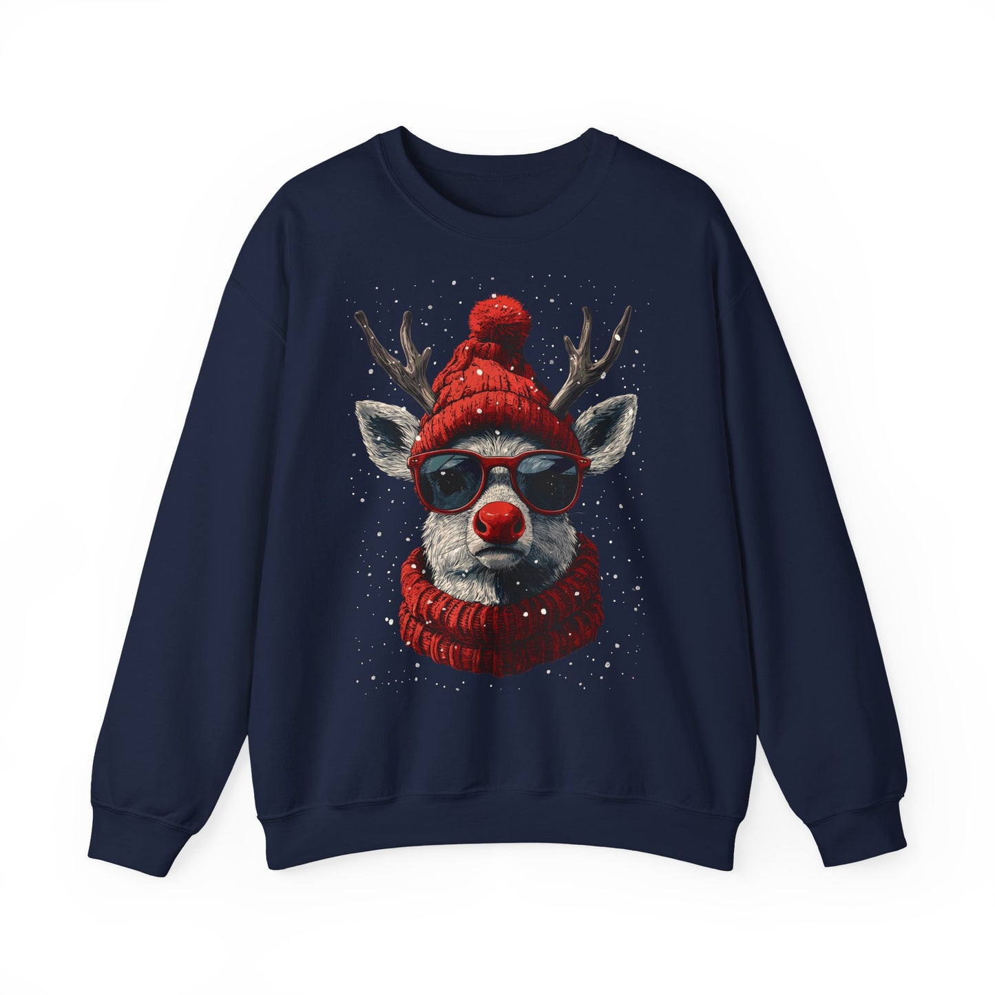 Rudolf Reindeer Sweatshirt — Red Hat & Glasses Holiday Crewneck