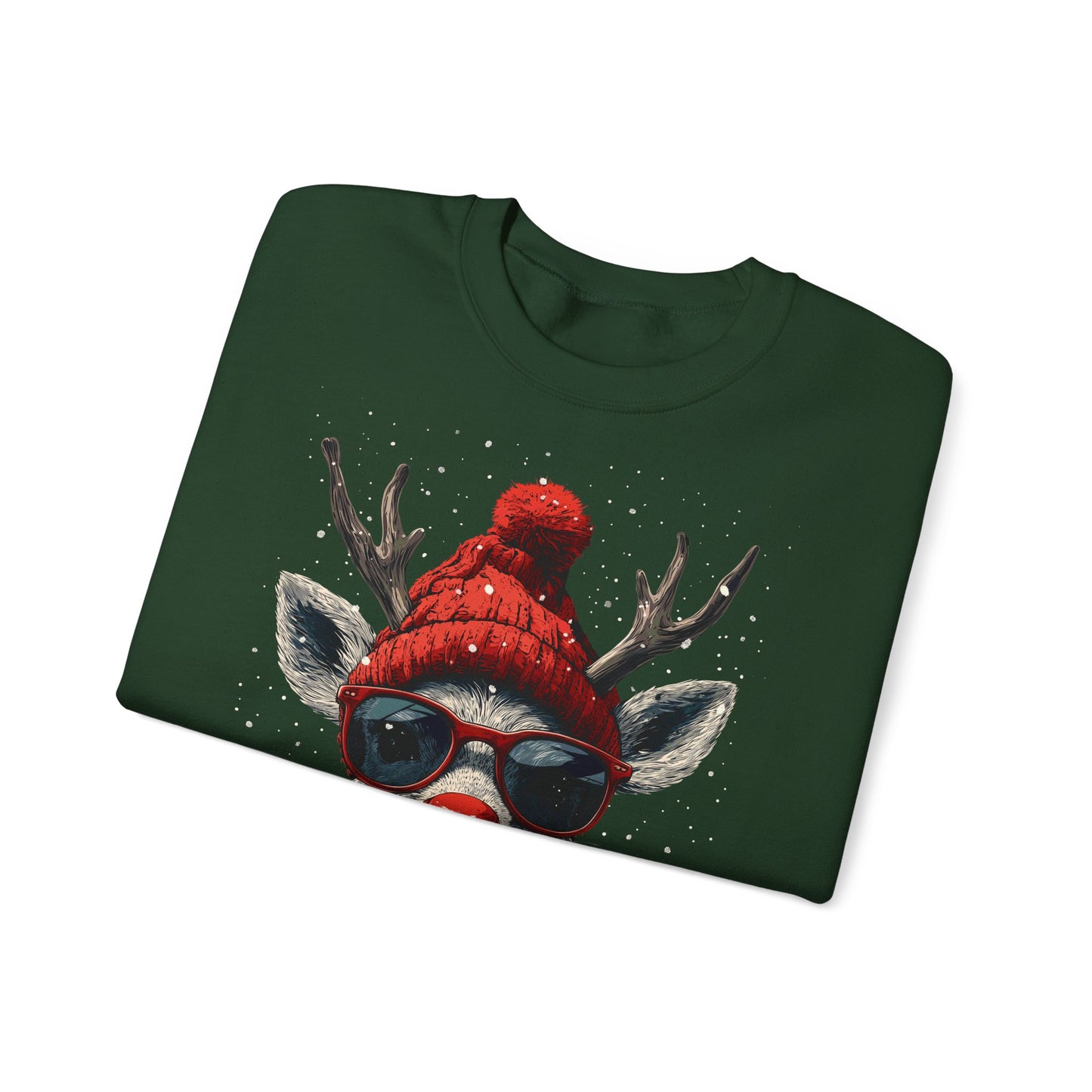 Rudolf Reindeer Sweatshirt — Red Hat & Glasses Holiday Crewneck