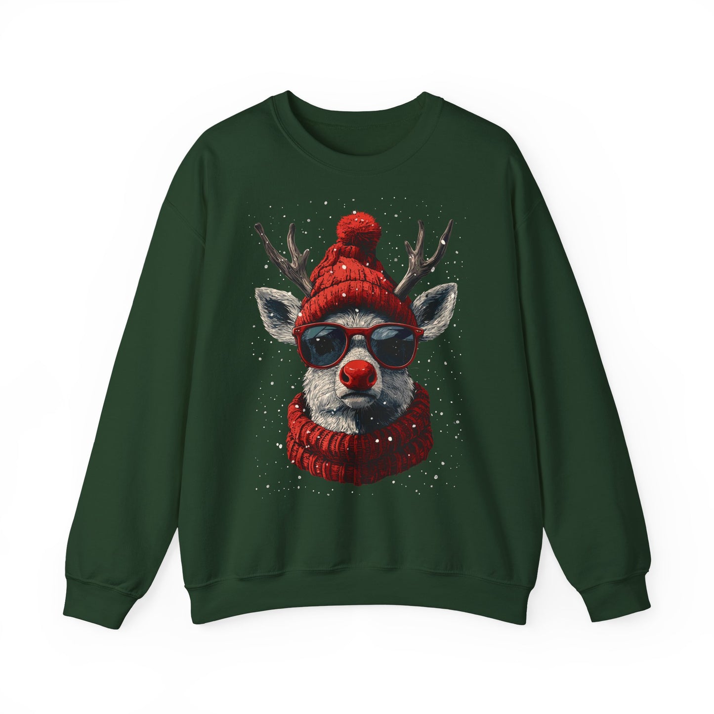 Rudolf Reindeer Sweatshirt — Red Hat & Glasses Holiday Crewneck