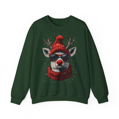 Rudolf Reindeer Sweatshirt — Red Hat & Glasses Holiday Crewneck