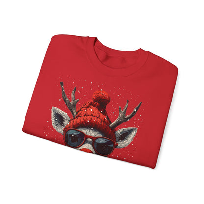 Rudolf Reindeer Sweatshirt — Red Hat & Glasses Holiday Crewneck