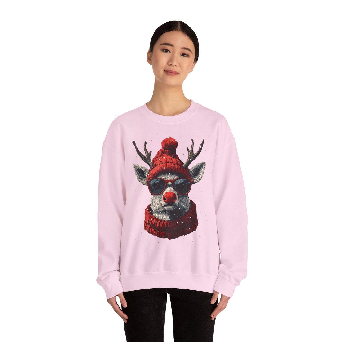 Rudolf Reindeer Sweatshirt — Red Hat & Glasses Holiday Crewneck