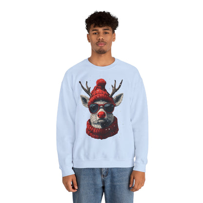 Rudolf Reindeer Sweatshirt — Red Hat & Glasses Holiday Crewneck