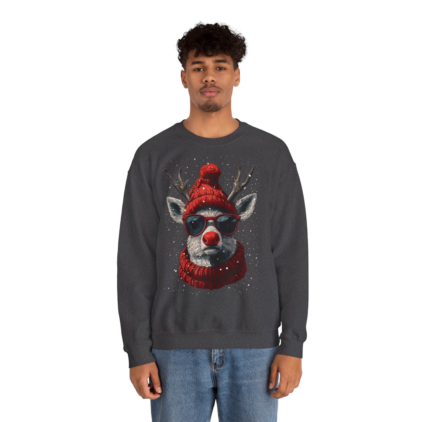 Rudolf Reindeer Sweatshirt — Red Hat & Glasses Holiday Crewneck