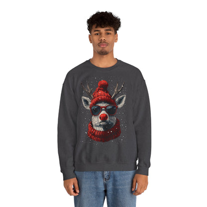 Rudolf Reindeer Sweatshirt — Red Hat & Glasses Holiday Crewneck