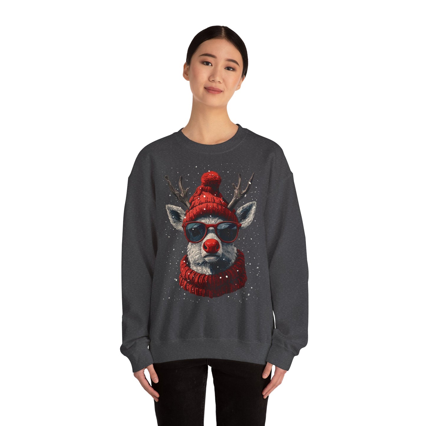 Rudolf Reindeer Sweatshirt — Red Hat & Glasses Holiday Crewneck