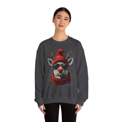 Rudolf Reindeer Sweatshirt — Red Hat & Glasses Holiday Crewneck