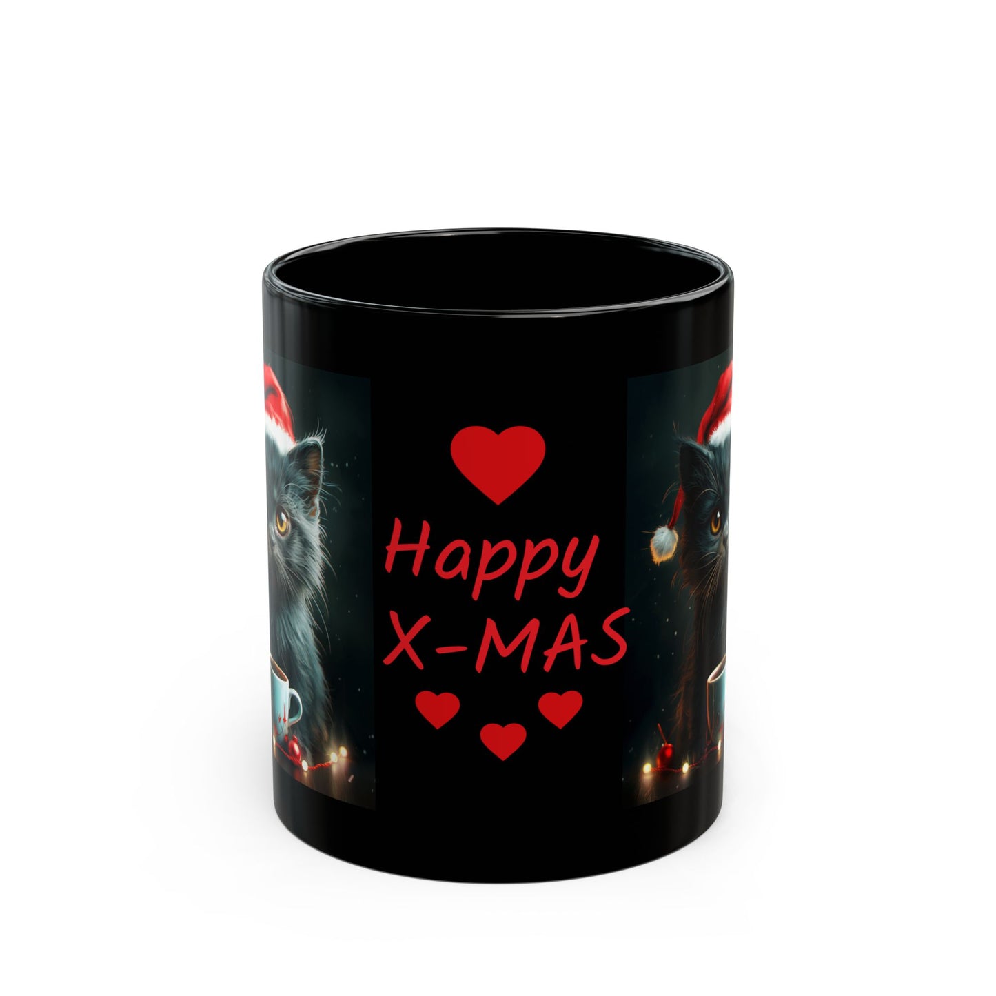 Cute Black X-Mas Kitten Design Black Mug (11oz, 15oz)