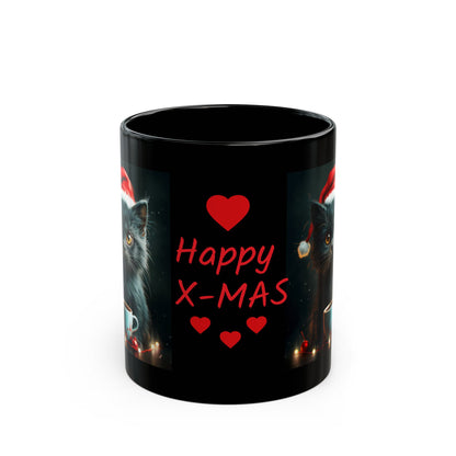 Cute Black X-Mas Kitten Design Black Mug (11oz, 15oz)