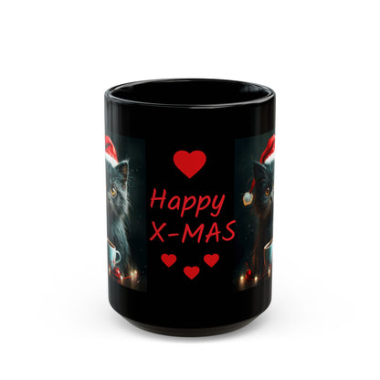 Cute Black X-Mas Kitten Design Black Mug (11oz, 15oz)