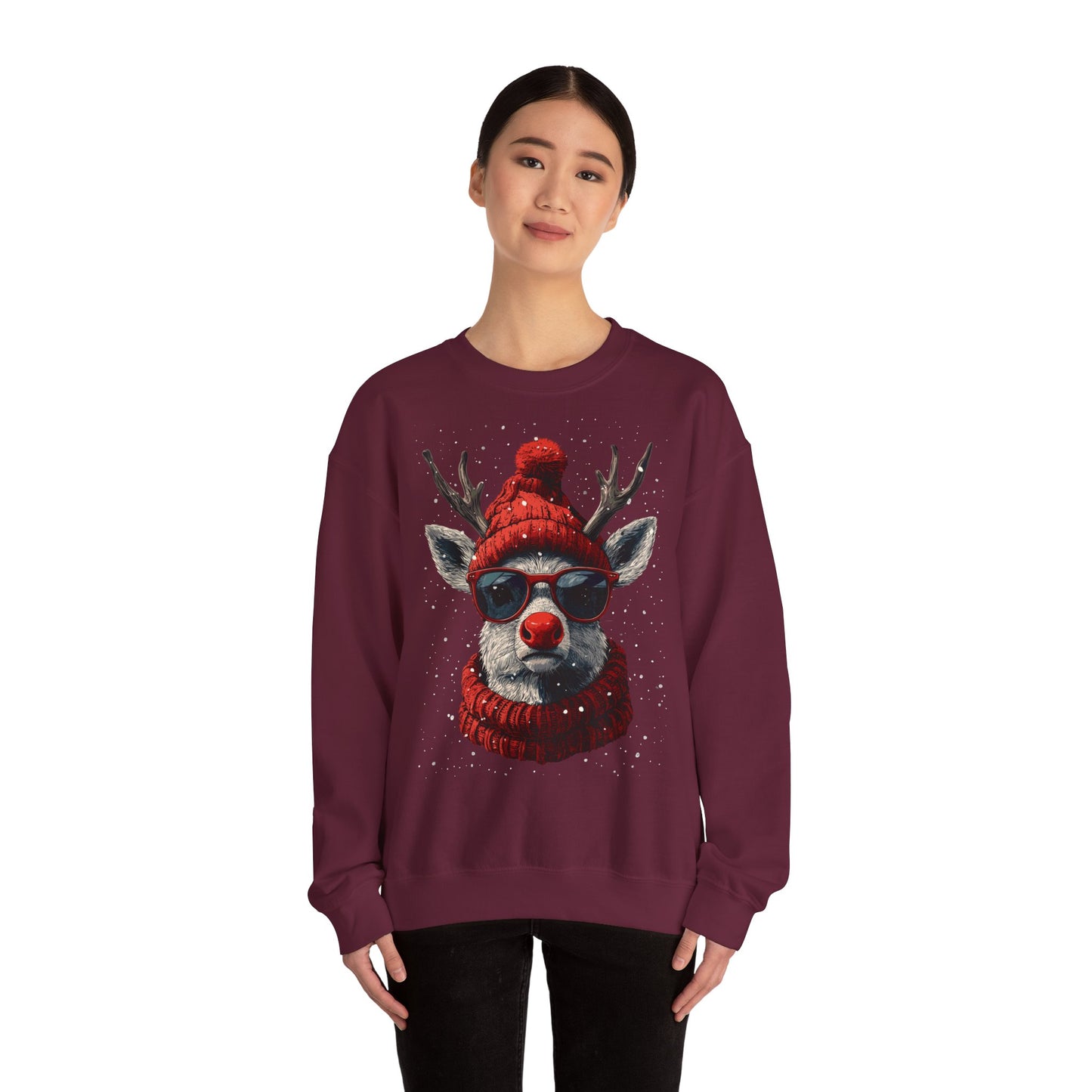 Rudolf Reindeer Sweatshirt — Red Hat & Glasses Holiday Crewneck