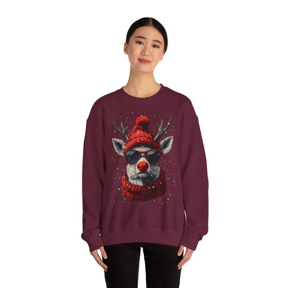 Rudolf Reindeer Sweatshirt — Red Hat & Glasses Holiday Crewneck