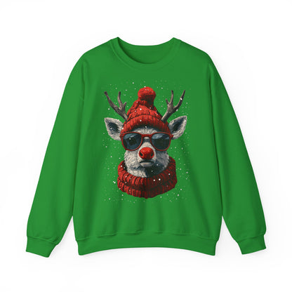 Rudolf Reindeer Sweatshirt — Red Hat & Glasses Holiday Crewneck