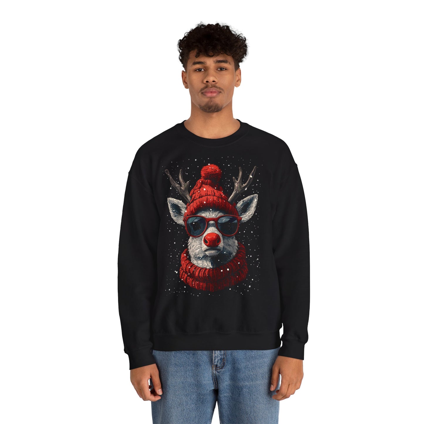 Rudolf Reindeer Sweatshirt — Red Hat & Glasses Holiday Crewneck