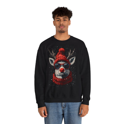 Rudolf Reindeer Sweatshirt — Red Hat & Glasses Holiday Crewneck