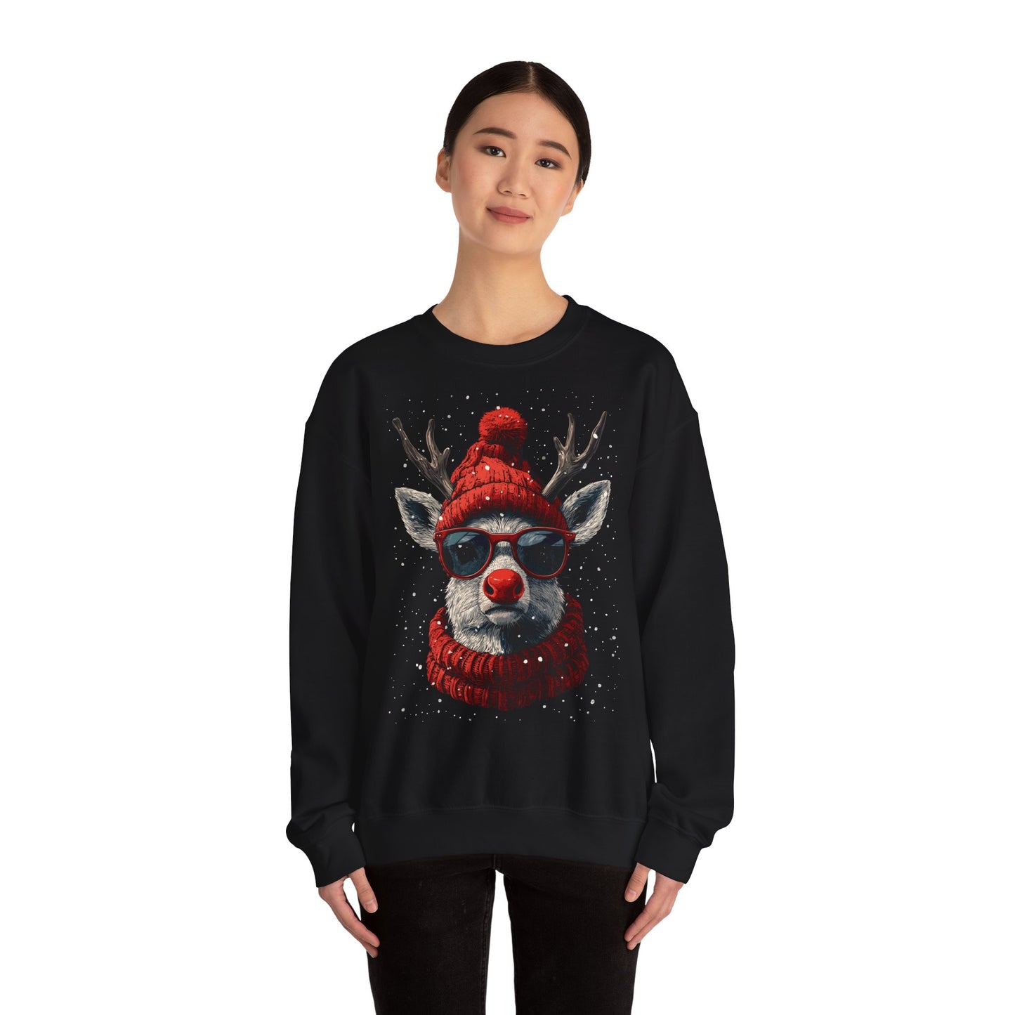 Rudolf Reindeer Sweatshirt — Red Hat & Glasses Holiday Crewneck