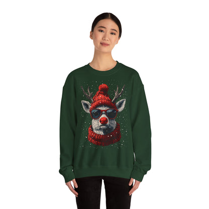 Rudolf Reindeer Sweatshirt — Red Hat & Glasses Holiday Crewneck