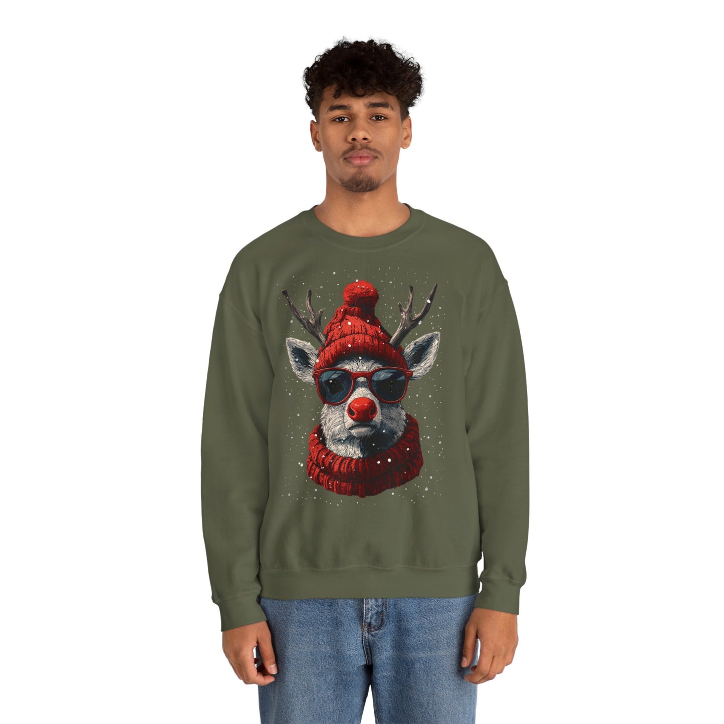 Rudolf Reindeer Sweatshirt — Red Hat & Glasses Holiday Crewneck