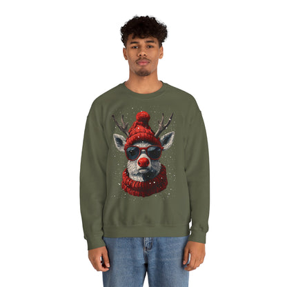 Rudolf Reindeer Sweatshirt — Red Hat & Glasses Holiday Crewneck